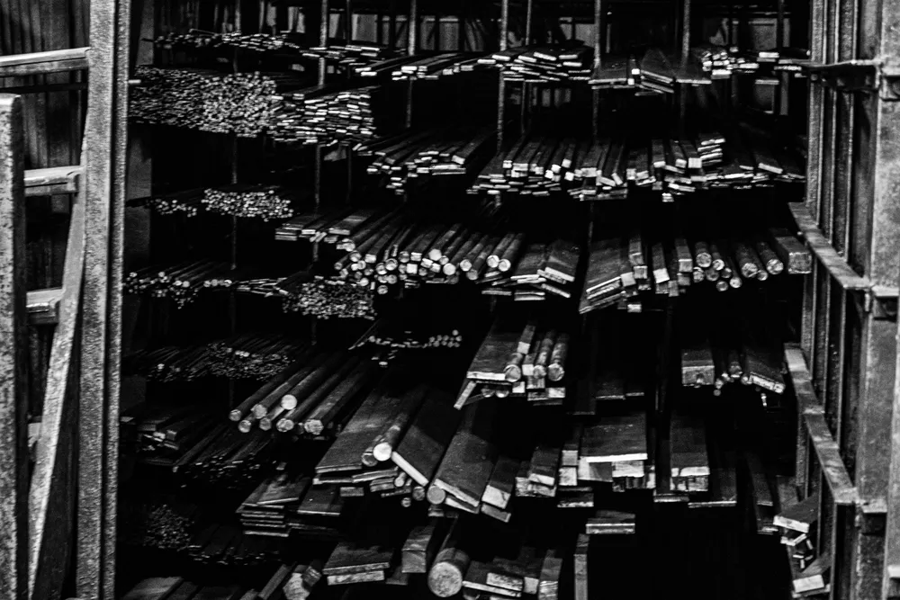 Steel materials arranged in an industrial warehouse